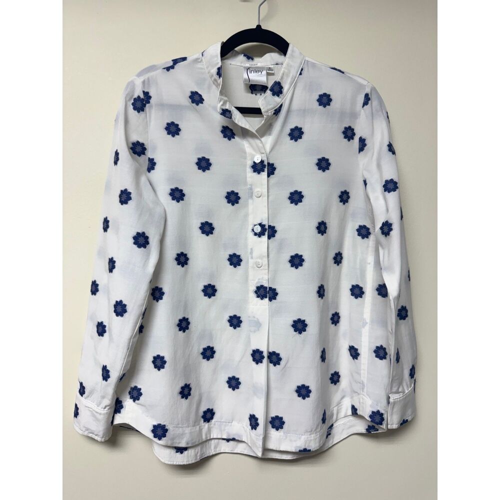 FINLEY Clipped Daisy Cotton Blend Textured White/Blue Popover Blouse, Sz S